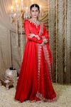 Foram Patel_Red Natural Crepe Embroidery Mirror Jewelled Boat Gul Anarkali With Dupatta _Online_at_Aza_Fashions