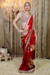 Buy_Foram Patel_Red Georgette Print Blossom Mirror V Neck Pre-draped Saree With Work Blouse _Online_at_Aza_Fashions