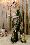 Buy_Foram Patel_Green Georgette Print Bloom Mirror Leaf Neck Pre-draped Saree With Blouse _at_Aza_Fashions