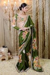 Foram Patel_Green Georgette Print Bloom Mirror Leaf Neck Pre-draped Saree With Blouse _Online_at_Aza_Fashions