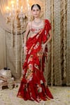 Buy_Foram Patel_Red Georgette Embroidery Mirror Fleur Print Pre-draped Ruffle Saree With Blouse _at_Aza_Fashions