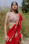 Foram Patel_Red Georgette Embroidery Mirror Fleur Print Pre-draped Ruffle Saree With Blouse _at_Aza_Fashions