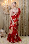 Buy_Foram Patel_Red Georgette Print Mirror V Neck Floral Pre-draped Ruffle Saree With Blouse _at_Aza_Fashions