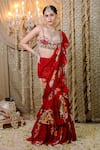 Buy_Foram Patel_Red Georgette Print Mirror V Neck Floral Pre-draped Ruffle Saree With Blouse _Online_at_Aza_Fashions