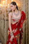 Shop_Foram Patel_Red Georgette Print Mirror V Neck Floral Pre-draped Ruffle Saree With Blouse _Online_at_Aza_Fashions