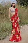 Foram Patel_Red Georgette Print Mirror V Neck Floral Pre-draped Ruffle Saree With Blouse _at_Aza_Fashions