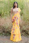 Buy_Foram Patel_Yellow Georgette Print Mirror Floral Bloom Pre-draped Ruffle Saree With Blouse _at_Aza_Fashions