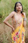 Foram Patel_Yellow Georgette Print Mirror Floral Bloom Pre-draped Ruffle Saree With Blouse _Online_at_Aza_Fashions