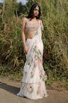 Buy_Foram Patel_White Georgette Print Mirror Florence Bloom Pre-draped Ruffle Saree With Blouse _at_Aza_Fashions