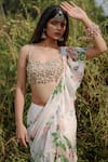 Foram Patel_White Georgette Print Mirror Florence Bloom Pre-draped Ruffle Saree With Blouse _Online_at_Aza_Fashions