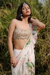 Buy_Foram Patel_White Georgette Print Mirror Florence Bloom Pre-draped Ruffle Saree With Blouse _Online_at_Aza_Fashions