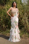 Shop_Foram Patel_White Georgette Print Mirror Florence Bloom Pre-draped Ruffle Saree With Blouse _Online_at_Aza_Fashions