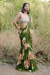 Foram Patel_Green Georgette Print Mirror Gardenia Bloom Pre-draped Ruffle Saree With Blouse _Online_at_Aza_Fashions