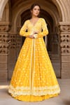Buy_Kalighata_Yellow Chanderi Sequins, Cut Work, Embroidery Plunge Neck Anarkali Jacket Set _at_Aza_Fashions