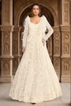 Buy_Kalighata_Ivory Organza Sequins Scoop Neck Floral Embroidered Draped Gown _at_Aza_Fashions