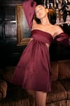 Buy_Kangana Trehan_Maroon Satin Silk Embroidery Square Crystals Off Shoulder Baili A-line Dress _at_Aza_Fashions