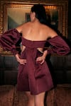 Shop_Kangana Trehan_Maroon Satin Silk Embroidery Square Crystals Off Shoulder Baili A-line Dress _at_Aza_Fashions