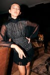 Kangana Trehan_Black Chiffon Silk Embroidery Sequin High Neck Kora Ruched Mini Dress _Online_at_Aza_Fashions