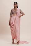 Buy_Kangana Trehan_Pink Pure Georgette Embellished Floral V Neck Pre-draped Saree With Blouse _at_Aza_Fashions