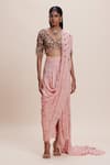 Kangana Trehan_Pink Pure Georgette Embellished Floral V Neck Pre-draped Saree With Blouse _Online_at_Aza_Fashions