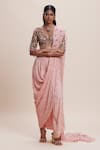 Buy_Kangana Trehan_Pink Pure Georgette Embellished Floral V Neck Pre-draped Saree With Blouse _Online_at_Aza_Fashions