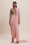 Shop_Kangana Trehan_Pink Pure Georgette Embellished Floral V Neck Pre-draped Saree With Blouse _Online_at_Aza_Fashions