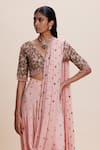 Kangana Trehan_Pink Pure Georgette Embellished Floral V Neck Pre-draped Saree With Blouse _at_Aza_Fashions