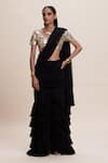 Buy_Kangana Trehan_Black Pure Georgette Embellished Solid V Ruffled Pre-draped Saree With Blouse _at_Aza_Fashions