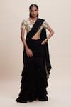 Shop_Kangana Trehan_Black Pure Georgette Embellished Solid V Ruffled Pre-draped Saree With Blouse _at_Aza_Fashions