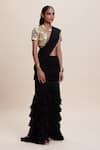 Kangana Trehan_Black Pure Georgette Embellished Solid V Ruffled Pre-draped Saree With Blouse _Online_at_Aza_Fashions