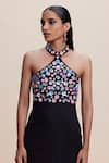 Kangana Trehan_Black Linen Cotton Embellished Floral Halter Sequin Yoke Dress _Online_at_Aza_Fashions