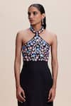 Buy_Kangana Trehan_Black Linen Cotton Embellished Floral Halter Sequin Yoke Dress _Online_at_Aza_Fashions