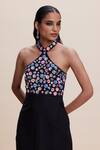 Shop_Kangana Trehan_Black Linen Cotton Embellished Floral Halter Sequin Yoke Dress _Online_at_Aza_Fashions