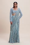 Buy_Kangana Trehan_Blue Net 100% Crepe Embellished Sequin 3d Floral Pre-draped Saree With Blouse _at_Aza_Fashions