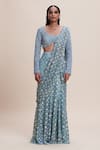 Kangana Trehan_Blue Net 100% Crepe Embellished Sequin 3d Floral Pre-draped Saree With Blouse _Online_at_Aza_Fashions