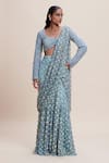 Buy_Kangana Trehan_Blue Net 100% Crepe Embellished Sequin 3d Floral Pre-draped Saree With Blouse _Online_at_Aza_Fashions