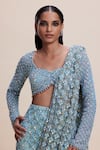 Kangana Trehan_Blue Net 100% Crepe Embellished Sequin 3d Floral Pre-draped Saree With Blouse _at_Aza_Fashions