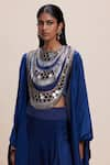 Buy_Kangana Trehan_Blue 100% Silk Embellished Mirror Blouse Asymmetric Draped Skirt Set With Cape _Online_at_Aza_Fashions