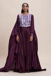 Kangana Trehan_Wine 100% Silk Embellished Sequin Blouse Round Draped Dhoti Skirt Set With Cape _Online_at_Aza_Fashions