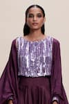 Shop_Kangana Trehan_Wine 100% Silk Embellished Sequin Blouse Round Draped Dhoti Skirt Set With Cape _Online_at_Aza_Fashions