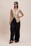 Buy_Kangana Trehan_Black 100% Silk Embellished Floral Scallop V Draped Dhoti Pant With Jacket _at_Aza_Fashions