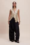 Shop_Kangana Trehan_Black 100% Silk Embellished Floral Scallop V Draped Dhoti Pant With Jacket _at_Aza_Fashions