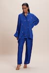 Buy_Kangana Trehan_Blue Satin Embellished Bead Mandarin Collar Blingy Shirt And Pant Co-ord _at_Aza_Fashions