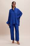 Shop_Kangana Trehan_Blue Satin Embellished Bead Mandarin Collar Blingy Shirt And Pant Co-ord _at_Aza_Fashions