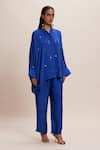 Buy_Kangana Trehan_Blue Satin Embellished Bead Mandarin Collar Blingy Shirt And Pant Co-ord _Online_at_Aza_Fashions