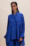 Shop_Kangana Trehan_Blue Satin Embellished Bead Mandarin Collar Blingy Shirt And Pant Co-ord _Online_at_Aza_Fashions