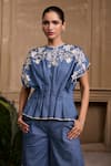 Buy_Chandrima_Blue Cotton Twill Embroidery Floral Closed Cutwork Pleated Top _at_Aza_Fashions