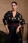 Buy_Chandrima_Black Silk Organza Embroidery Floral Lapel Collar 3d Kimono Shirt _at_Aza_Fashions