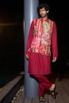 Buy_Mahima Mahajan_Red Glazed Cotton Printed Floral Ibrahim Bundi And Kurta Set _at_Aza_Fashions