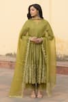 Buy_ASRUMO_Green Chanderi Embroidery Zari Gul Jaal Notched Round Neck Anarkali Pant Set _at_Aza_Fashions